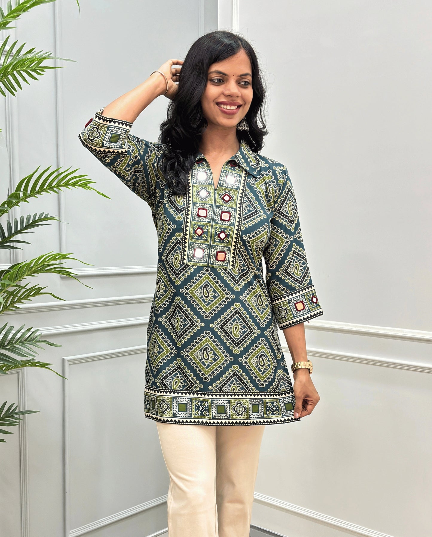 Saanjh Ajrakh Mirror Panel Short kurti