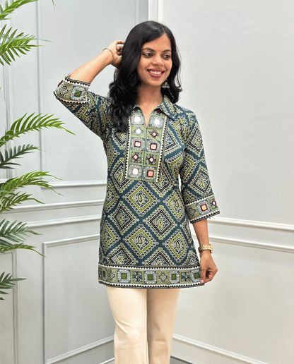 Saanjh Ajrakh Mirror Panel Short kurti
