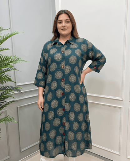Shriya Plus Size Mirror Work Ajrakh Rayon A-line Long Kurti
