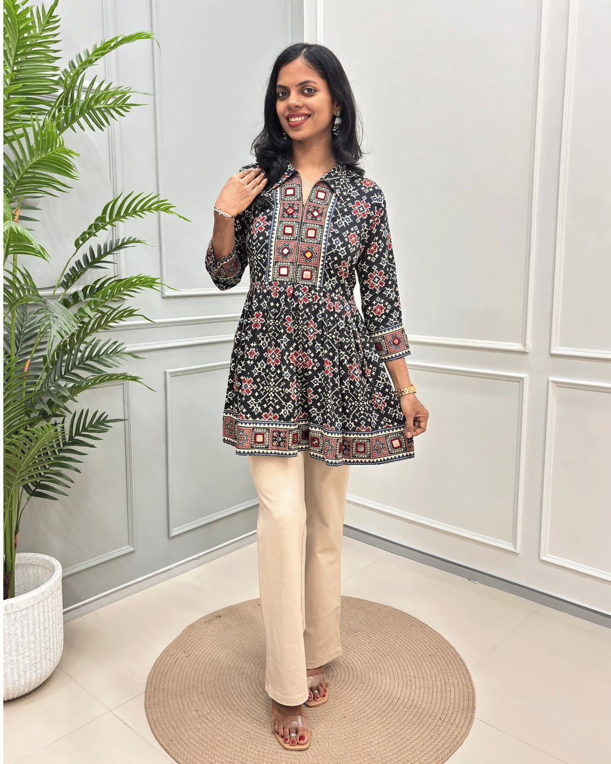 Deepika Patola Mirror Work Ajrakh Rayon Short Kurti