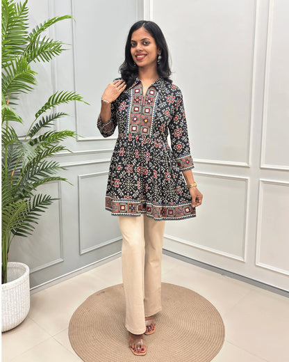 Deepika Patola Mirror Work Ajrakh Rayon Short Kurti