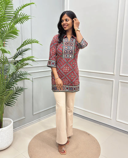 Saanjh Ajrakh Mirror Panel Short kurti
