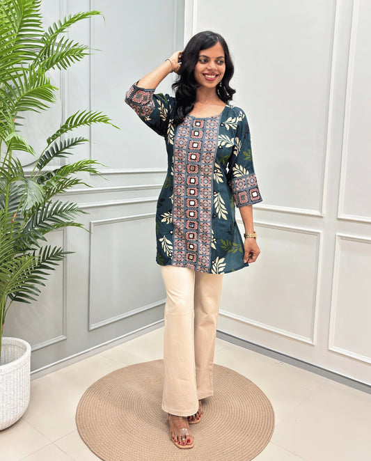 Rashmika Leaf Ajrakh Short Kurti