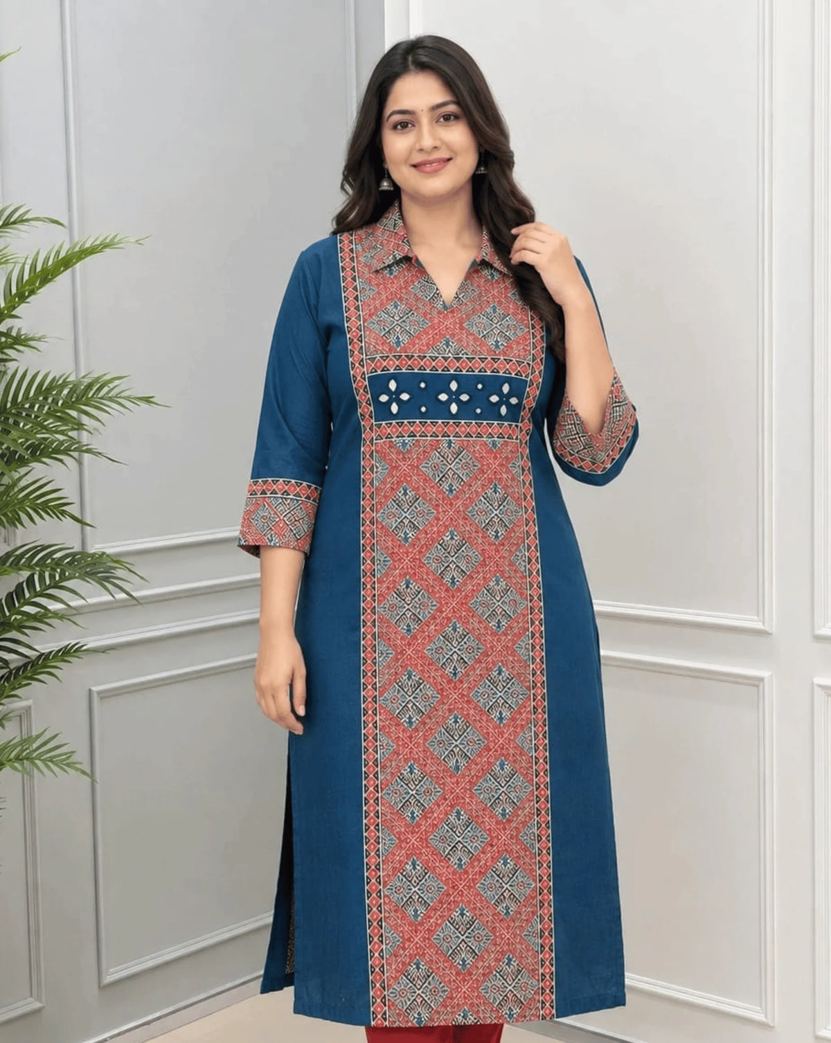 Front-Side View of Deep Blue Women's Ajrakh Vegetable Dyed Plant Based Cotton Long-Kurti with a Red Base,  an Abstract of Black, blue & Beige geometric patterned panel on front & Sleeves Cuffs, Real Hand-Mirror Patch work on Front, paired with Red pants, standing in a bright room with a white & Grey paneled wall, on left side a potted plant.