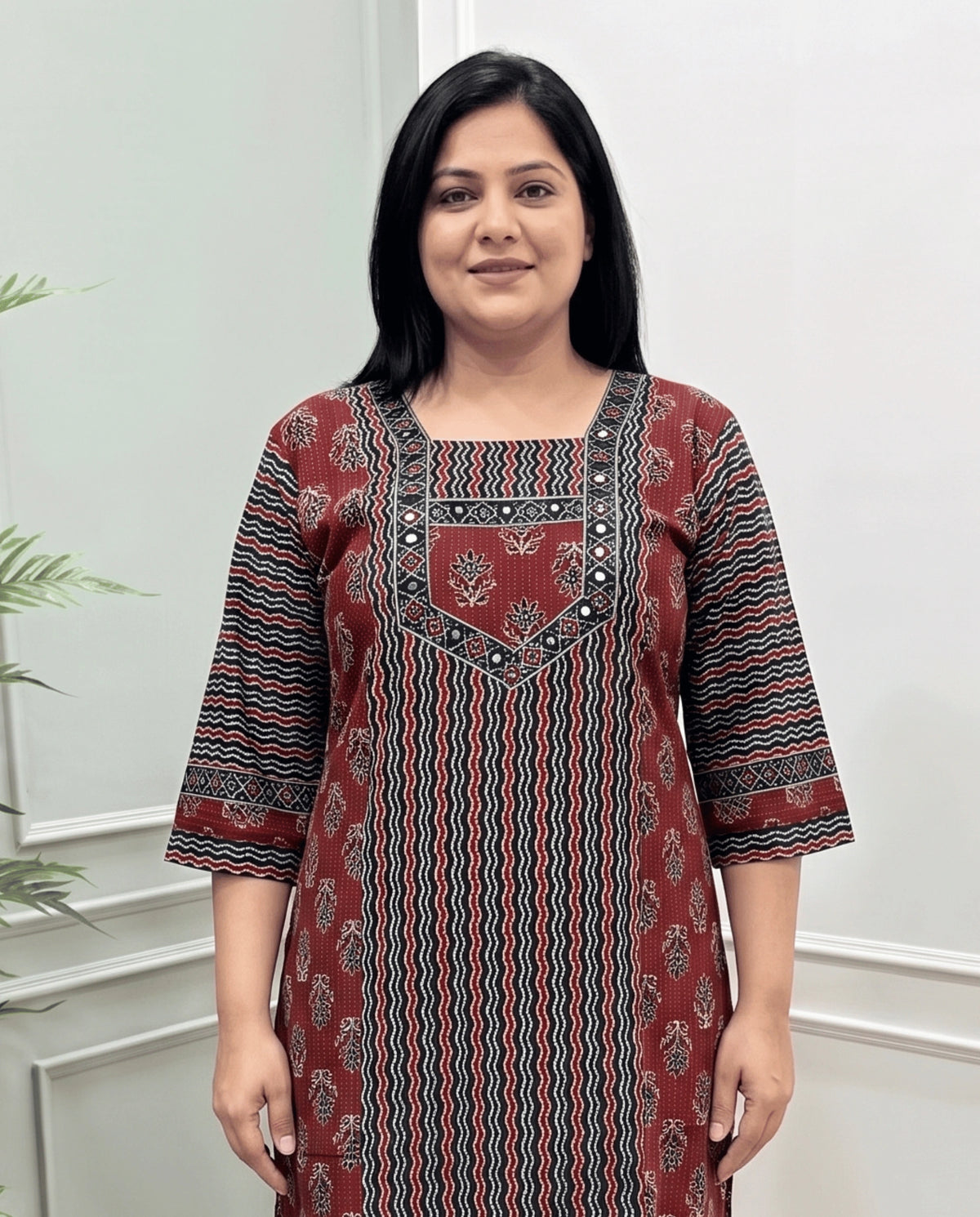Aditi Plus Size Mirror Work Ajrakh Cotton Long Kurti