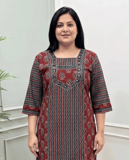 Aditi Plus Size Mirror Work Ajrakh Cotton Long Kurti