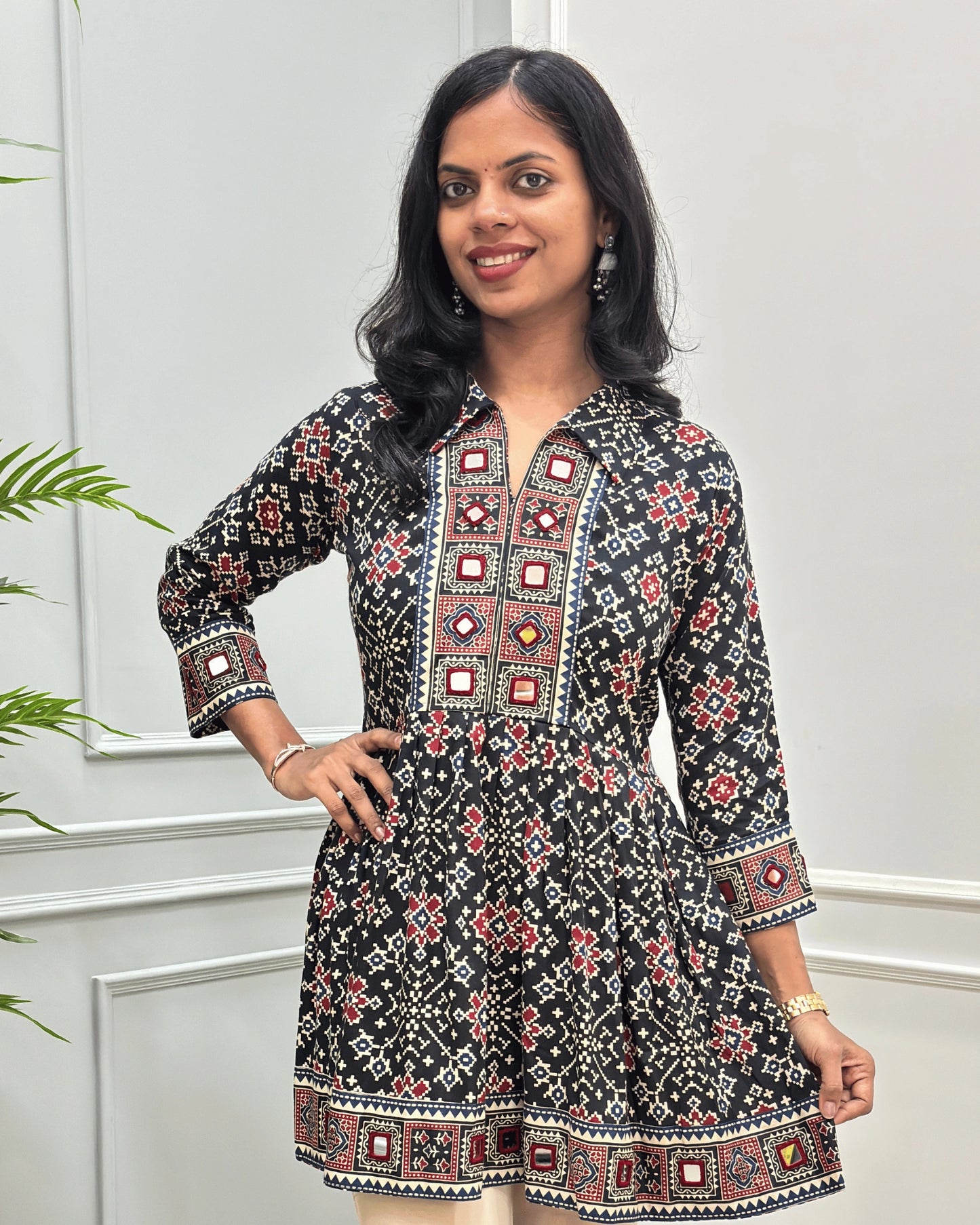 Deepika Patola Mirror Work Ajrakh Rayon Short Kurti