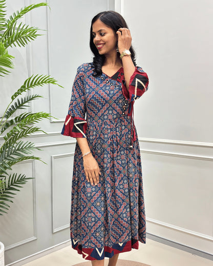Front side of Blue-red Cotton Long-Kurti showing slightly closeup of dress print of Ajrakh & geometric.