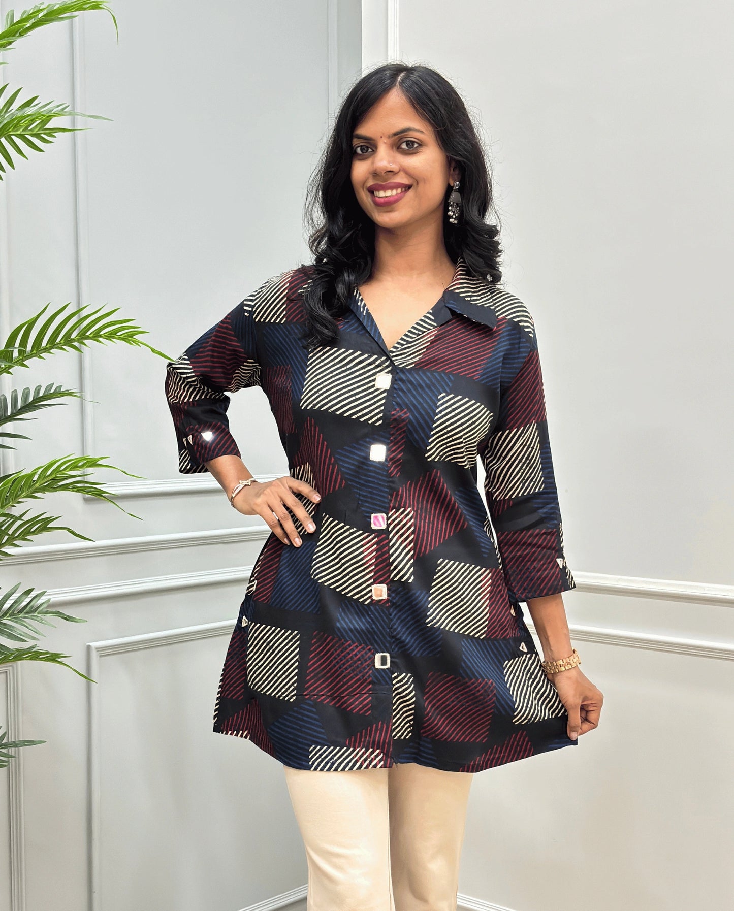 Shriya Stripes Mirror Work Ajrakh Rayon A-line Short Kurti