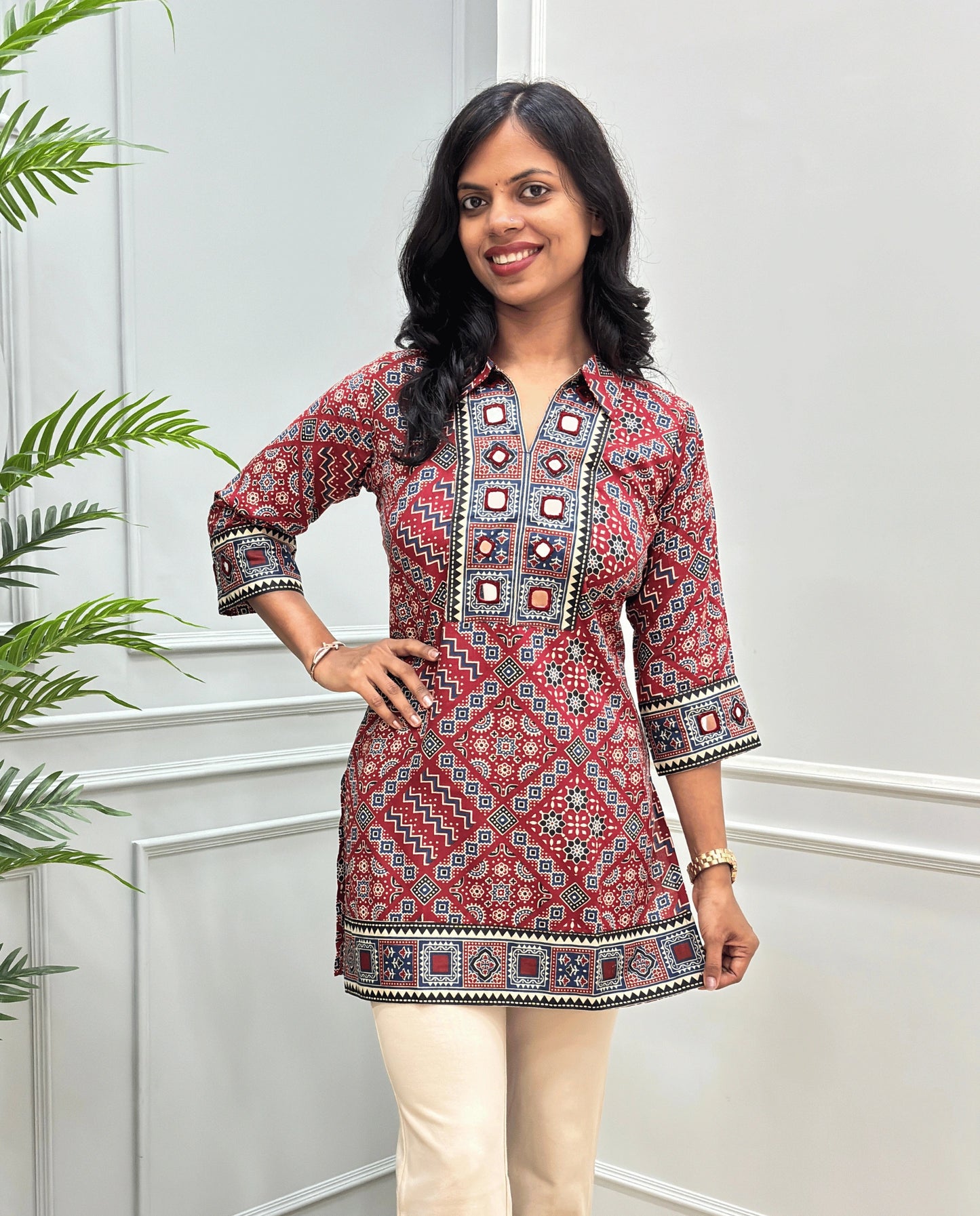 Saanjh Ajrakh Mirror Panel Short kurti