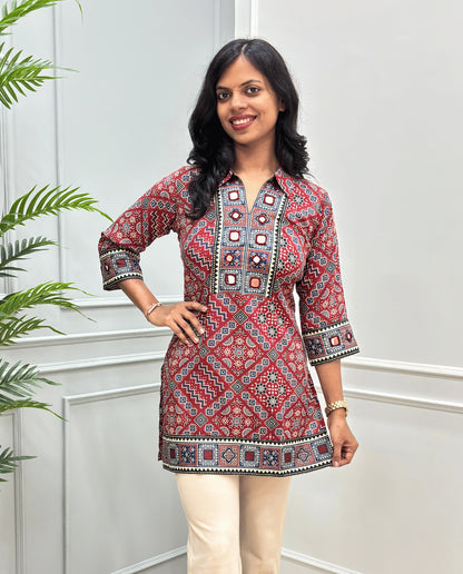 Saanjh Ajrakh Mirror Panel Short kurti