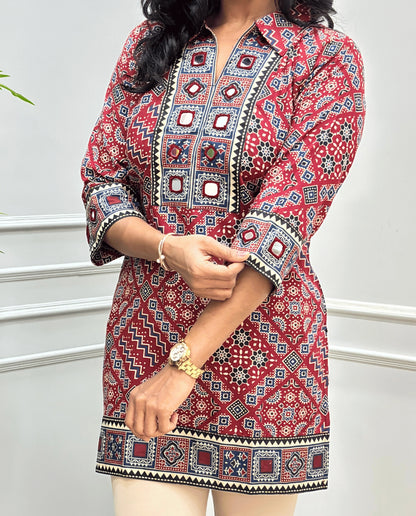 Saanjh Ajrakh Mirror Panel Short kurti