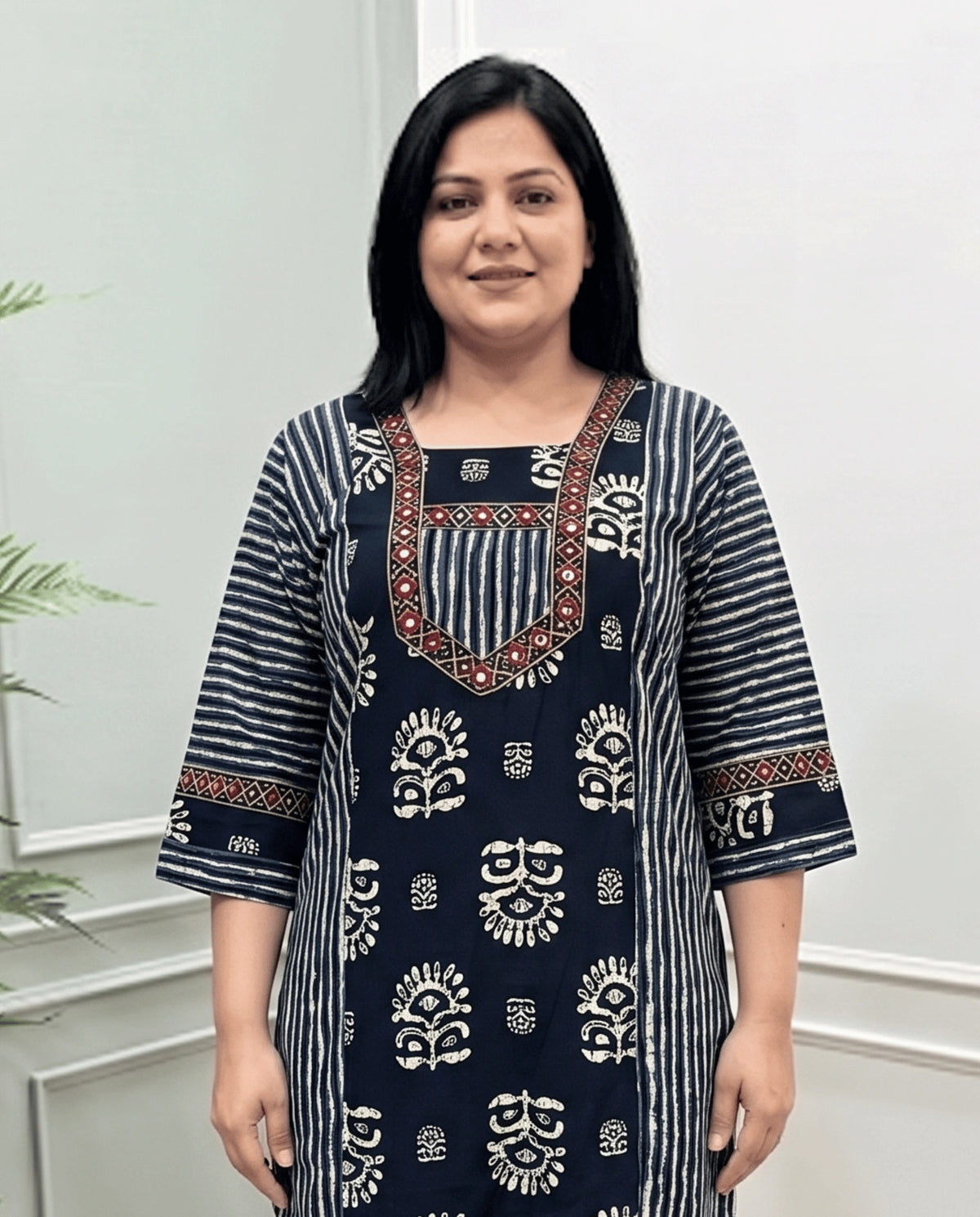 Aditi Plus Size Mirror Work Ajrakh Cotton Long Kurti