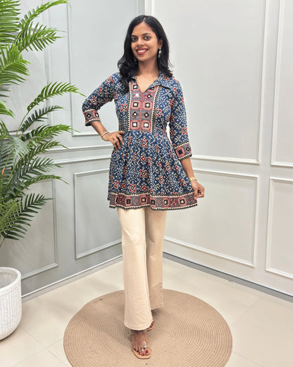 Deepika Patola Mirror Work Ajrakh Rayon Short Kurti