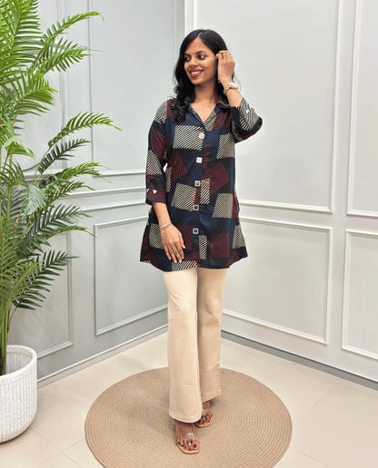 Shriya Stripes Mirror Work Ajrakh Rayon A-line Short Kurti