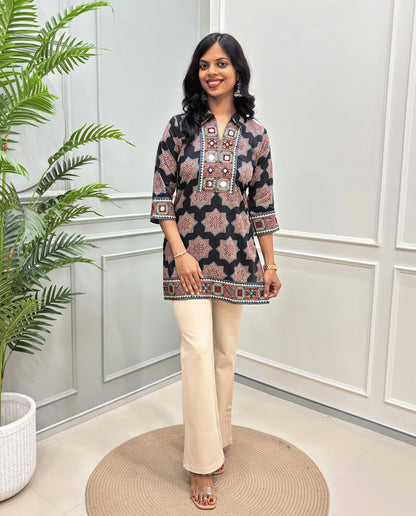 Saanjh Ajrakh Mirror Panel Short kurti
