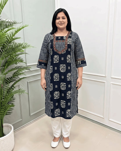 Aditi Plus Size Mirror Work Ajrakh Cotton Long Kurti