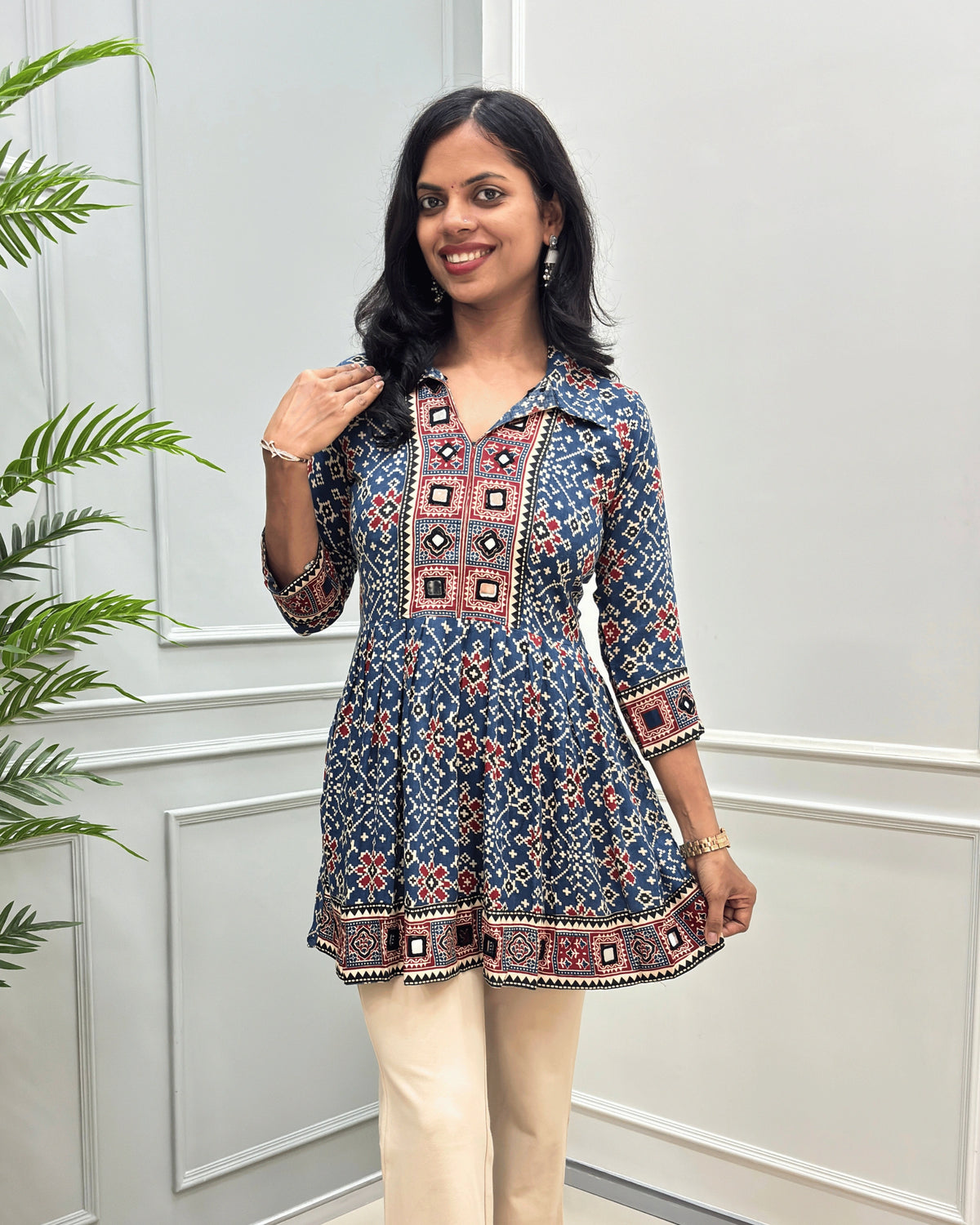 Deepika Patola Mirror Work Ajrakh Rayon Short Kurti