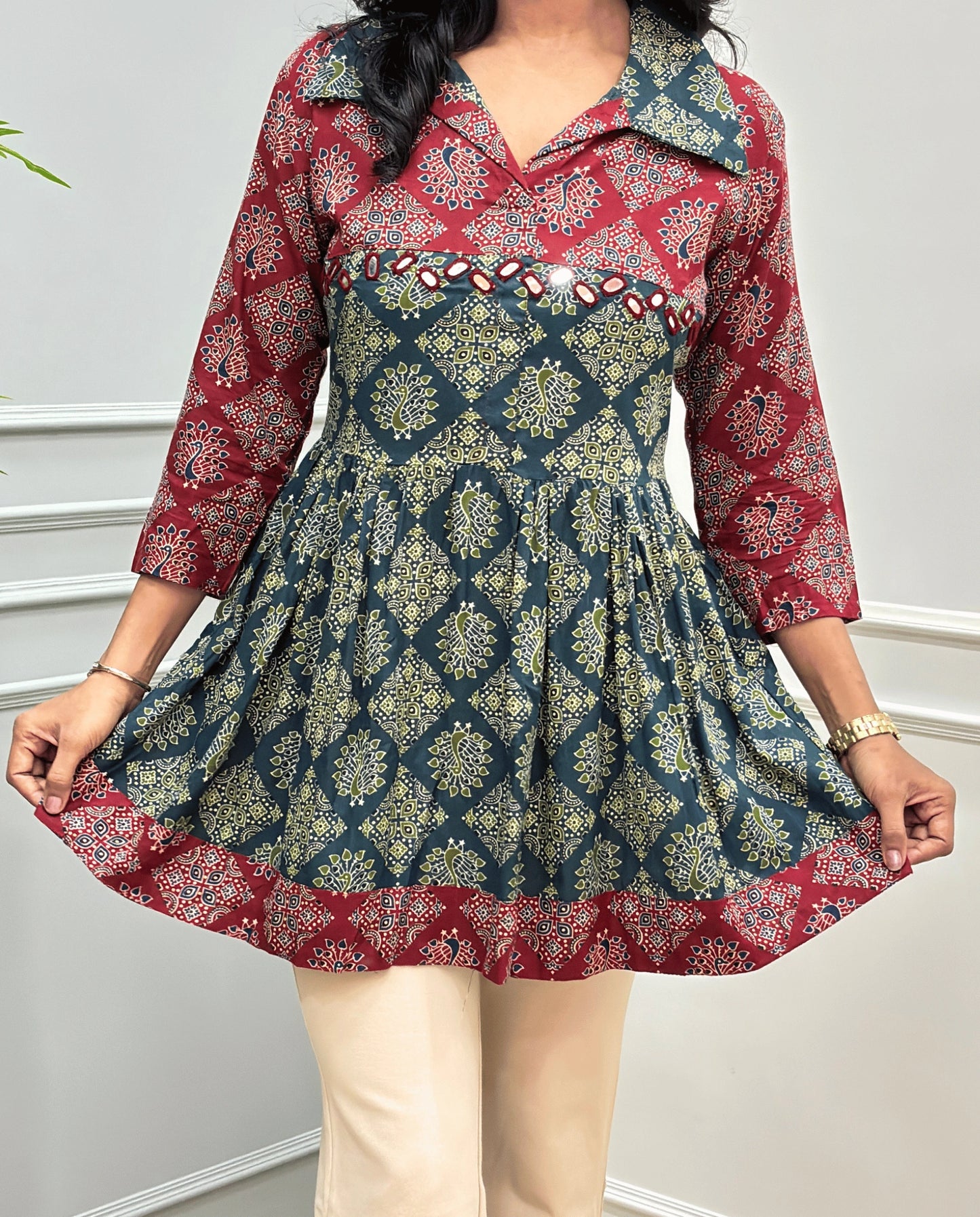 Mahira Peacock Ajrakh Short Kurti