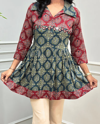 Mahira Peacock Ajrakh Short Kurti