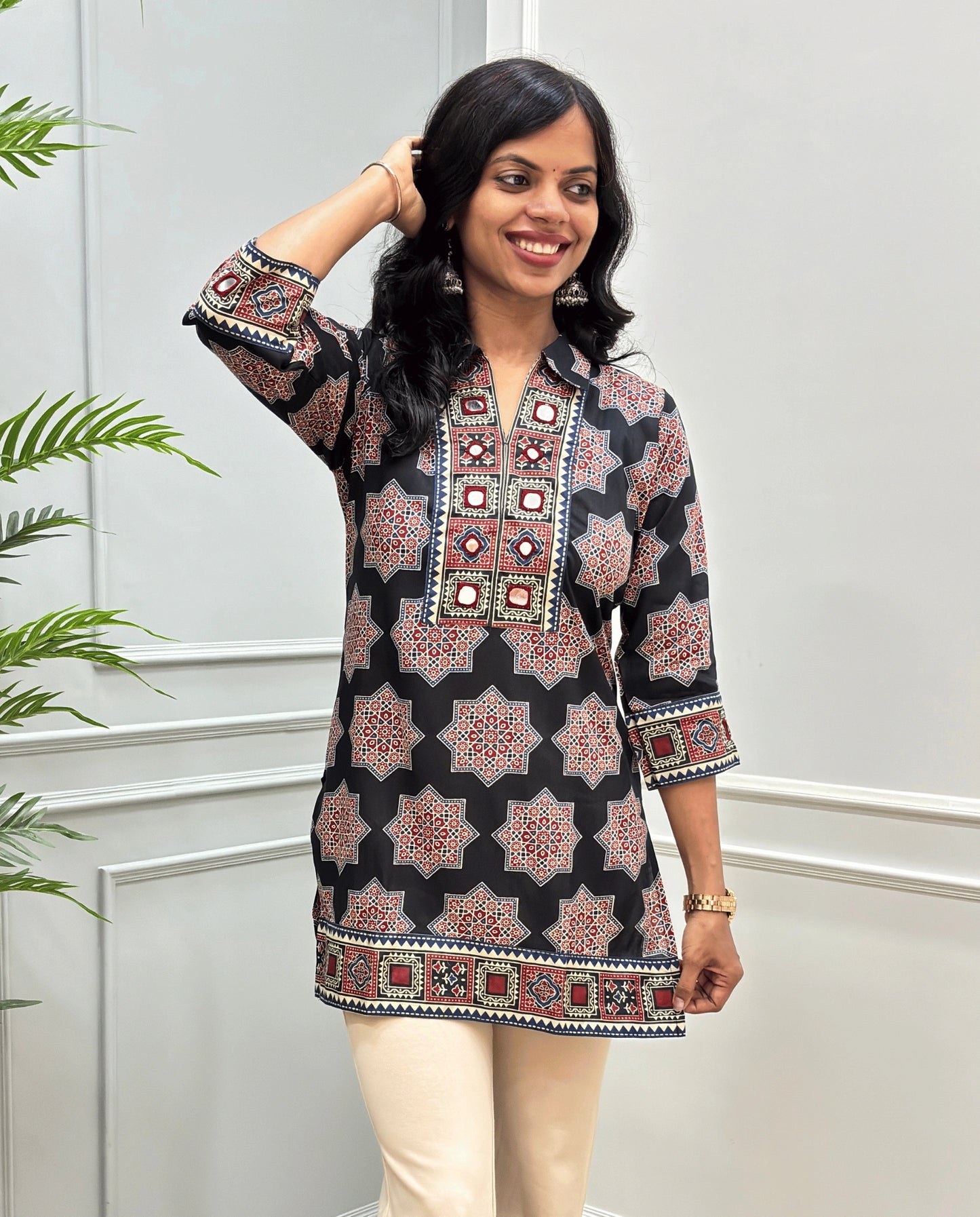 Saanjh Ajrakh Mirror Panel Short kurti