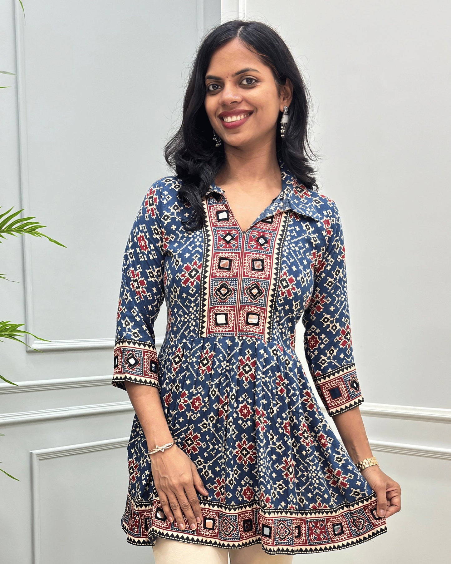 Deepika Patola Mirror Work Ajrakh Rayon Short Kurti
