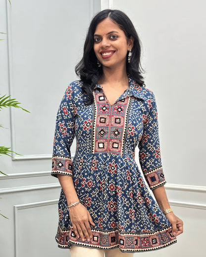 Deepika Patola Mirror Work Ajrakh Rayon Short Kurti