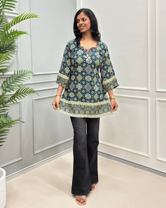 Deep Green Women's cotton Short kurti with beige floral & geometric print  tunic top, with bell sleeves, mirror work at neck-line with ajrakh print 