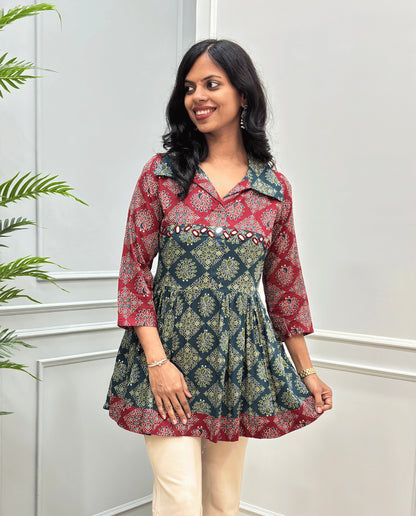 Mahira Peacock Ajrakh Short Kurti