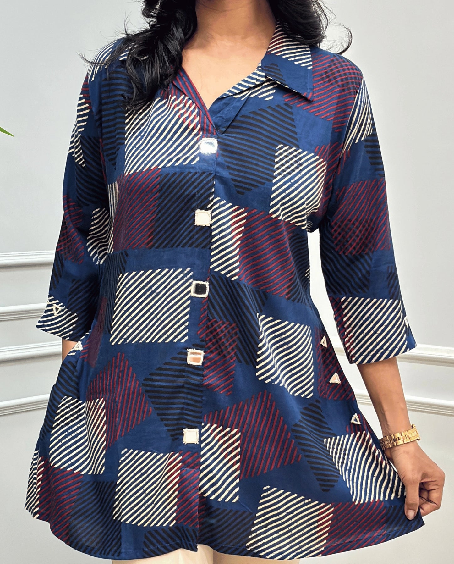 Shriya Stripes Mirror Work Ajrakh Rayon A-line Short Kurti
