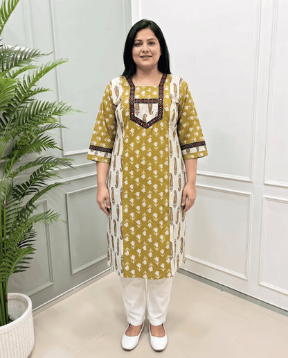 Aditi Plus Size Mirror Work Ajrakh Cotton Long Kurti