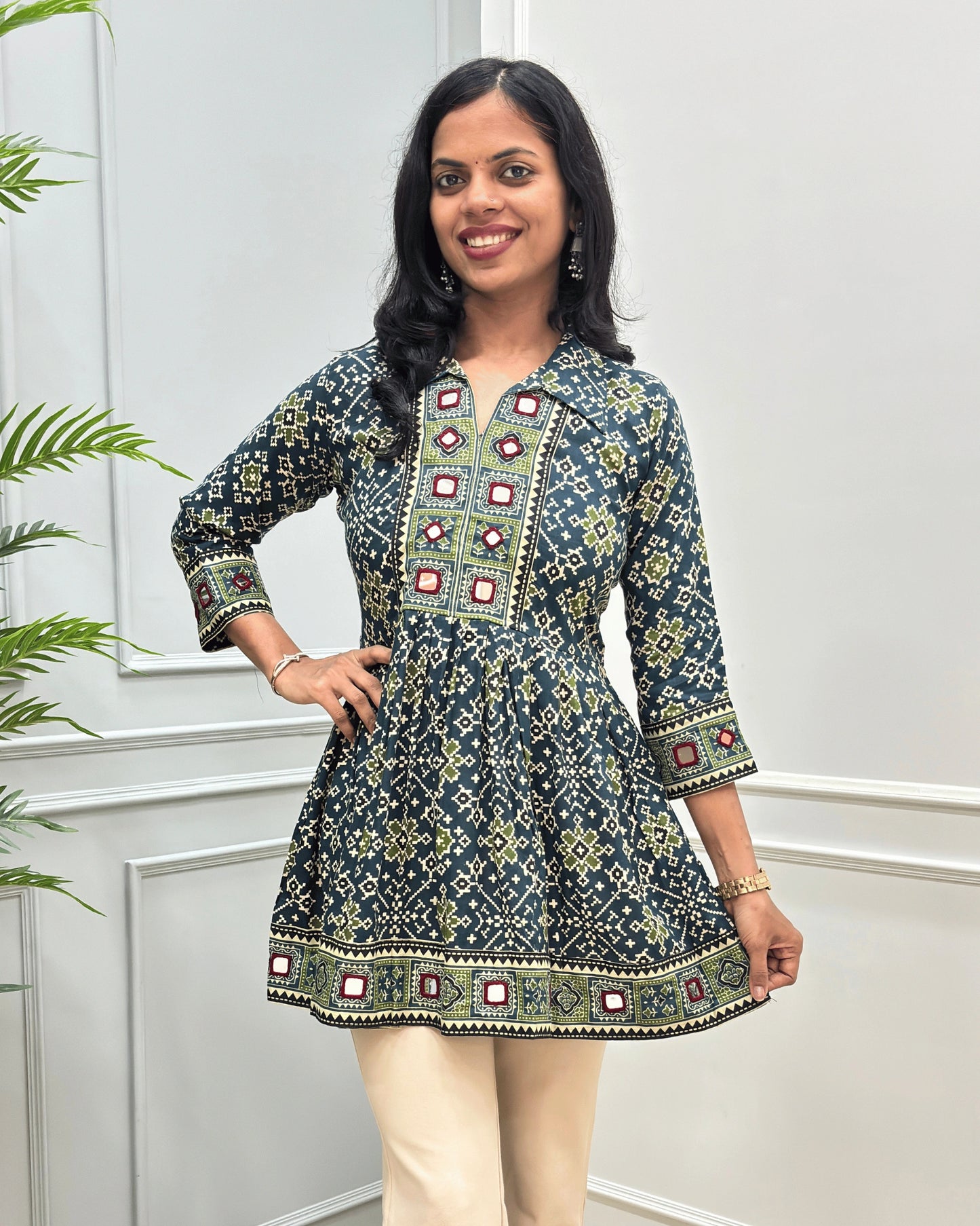 Deepika Patola Mirror Work Ajrakh Rayon Short Kurti