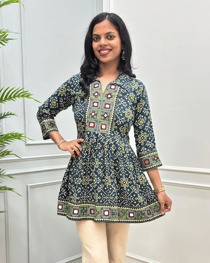 Deepika Patola Mirror Work Ajrakh Rayon Short Kurti