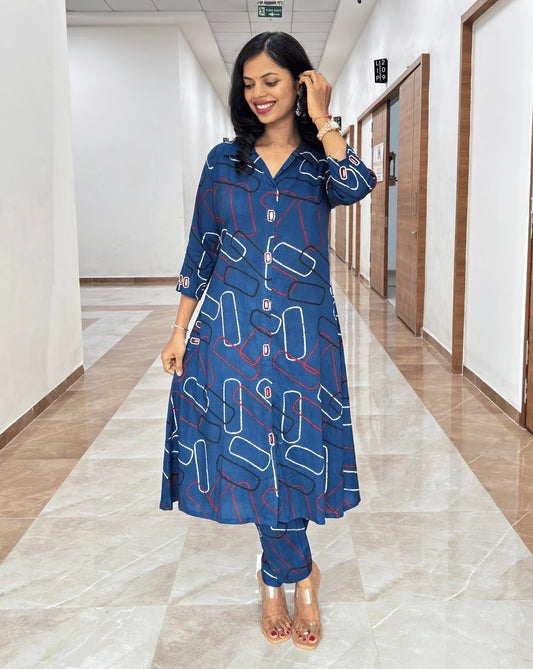 women's Blue Cotton Coord-set features a white & red geometric pattern, with button look-a-like with pearl embroidery, and 3-quarrter sleeves with pant 
