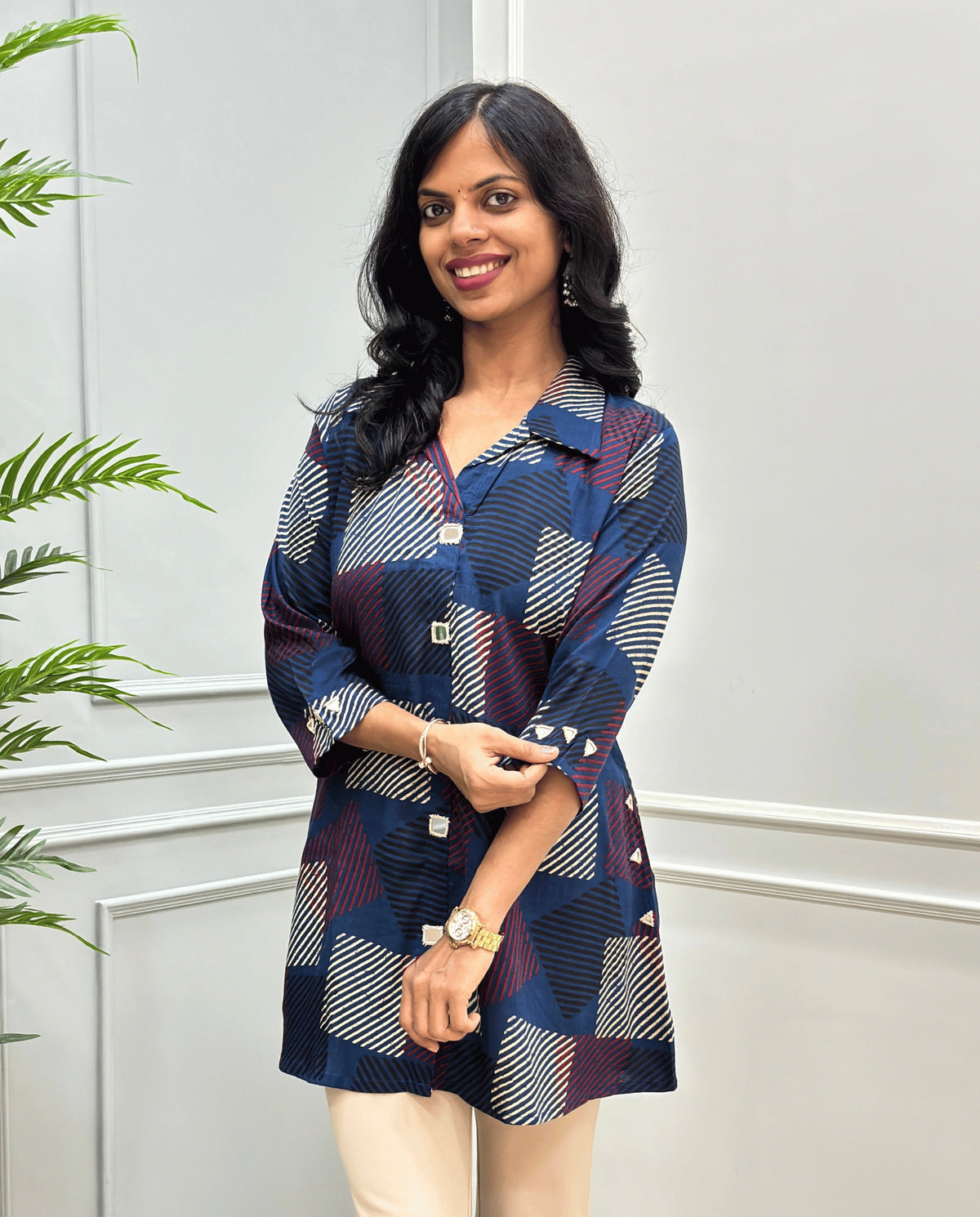 Shriya Stripes Mirror Work Ajrakh Rayon A-line Short Kurti