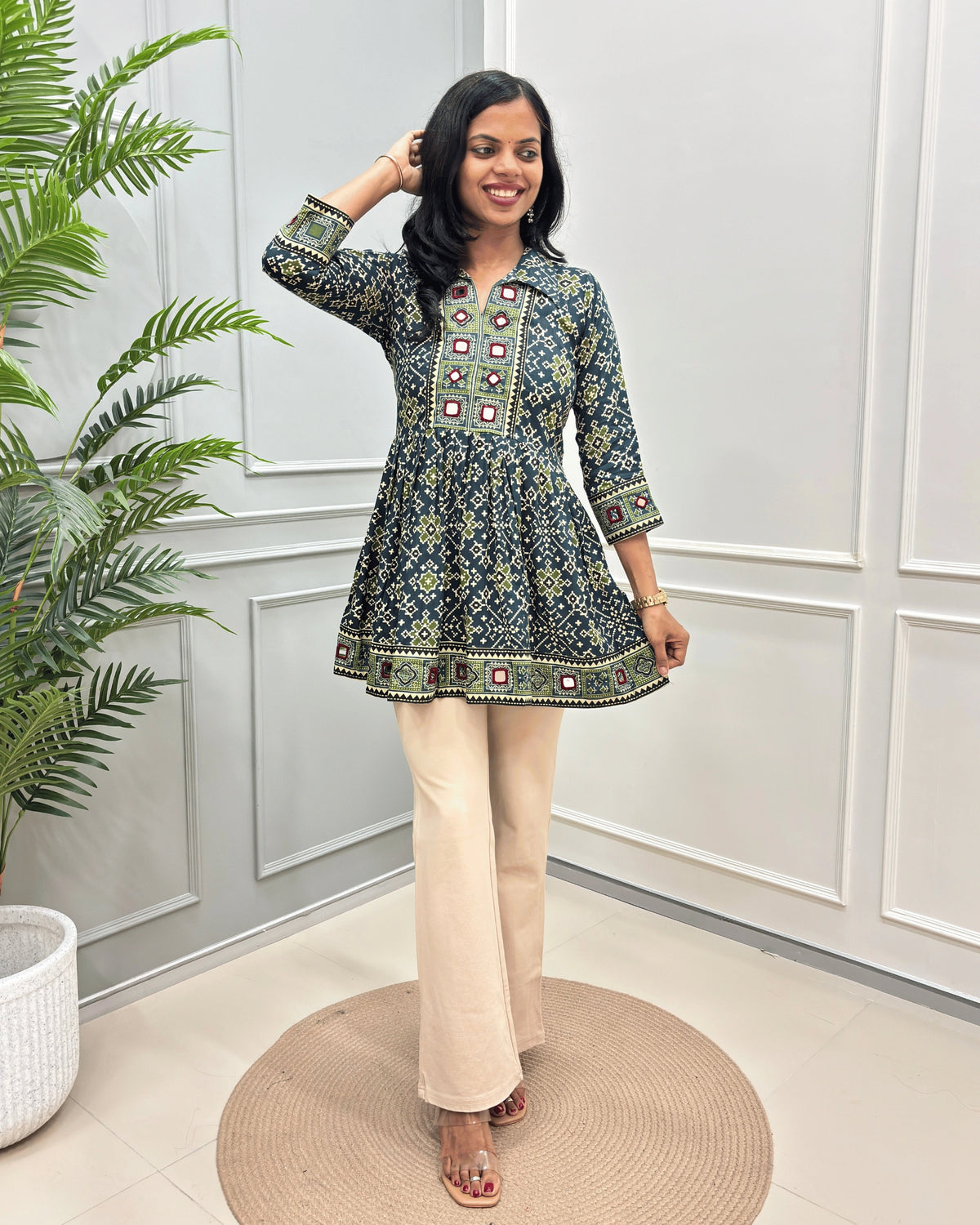 Deepika Patola Mirror Work Ajrakh Rayon Short Kurti