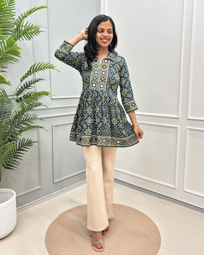 Deepika Patola Mirror Work Ajrakh Rayon Short Kurti