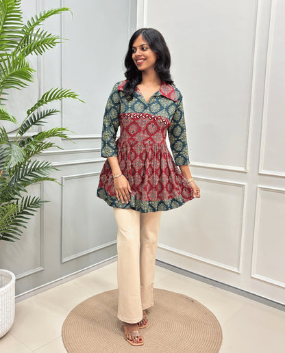 Mahira Peacock Ajrakh Short Kurti