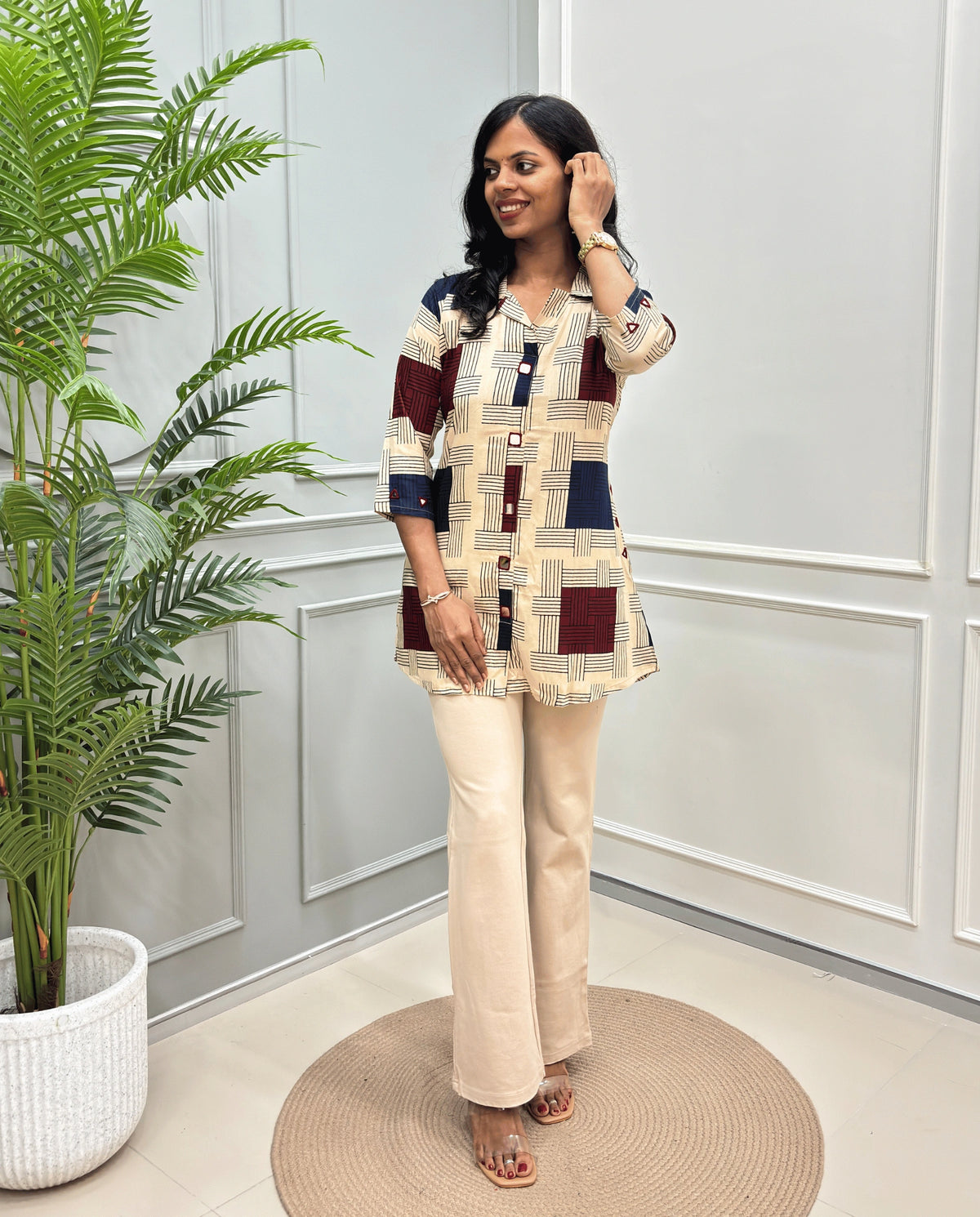 Shriya Stripes Mirror Work Ajrakh Rayon A-line Short Kurti