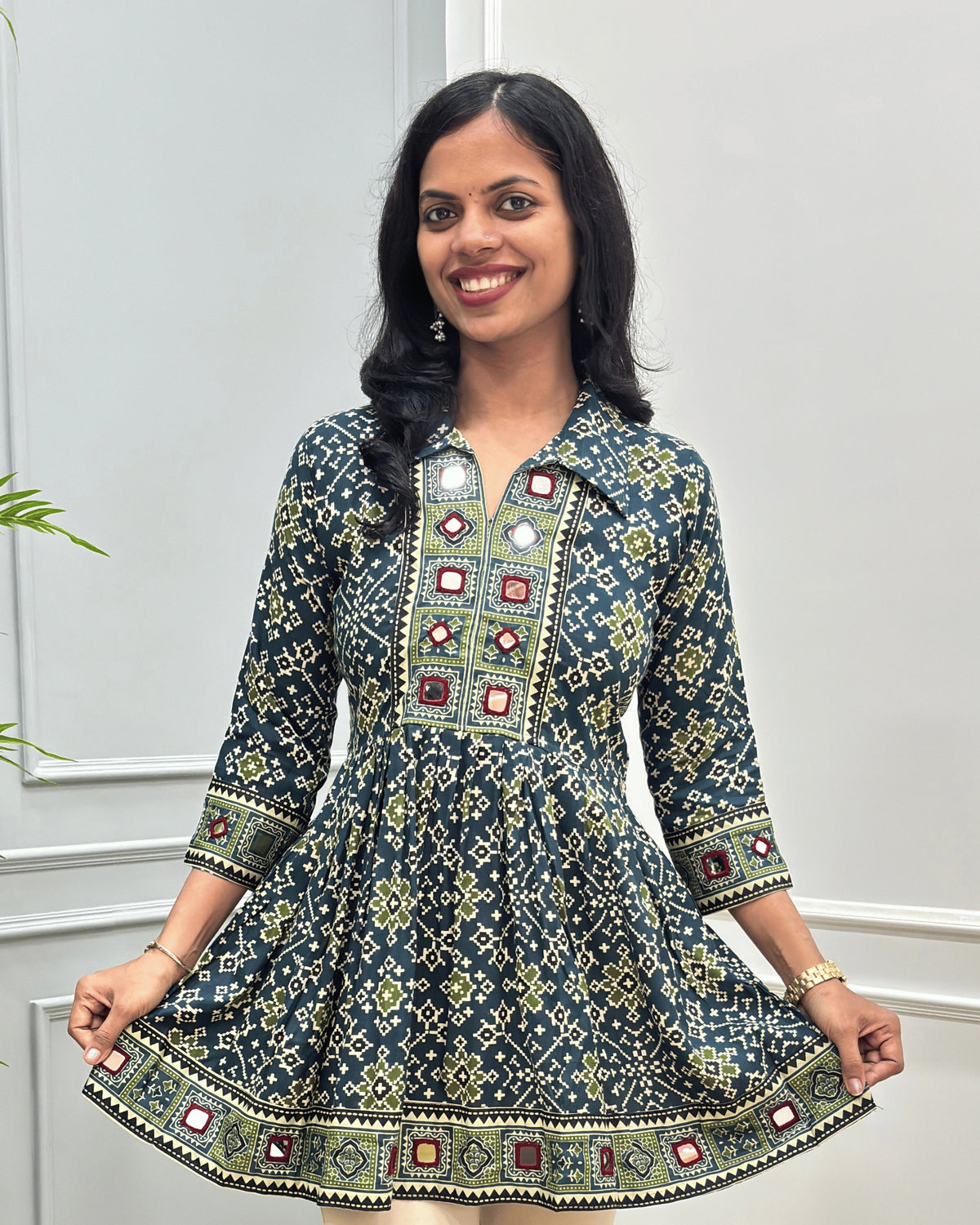 Deepika Patola Mirror Work Ajrakh Rayon Short Kurti