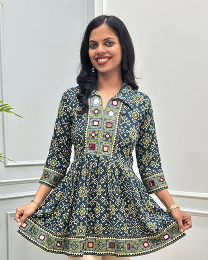 Deepika Patola Mirror Work Ajrakh Rayon Short Kurti